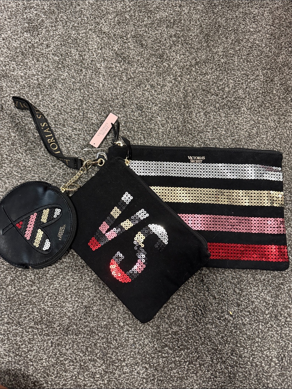Victoria's Secret Black Sequin Stripe Wristlet Set with Pink & Gold Accents
